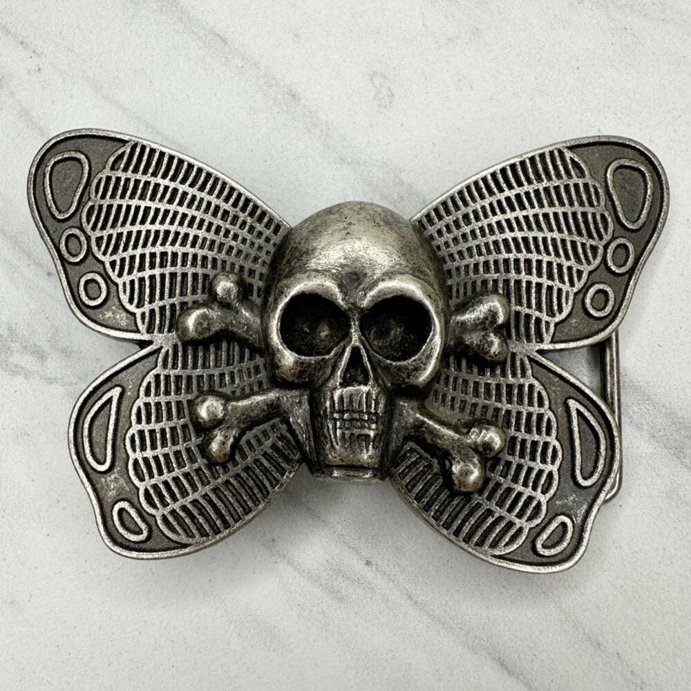 Skull Butterfly Belt Buckle Silver Tone Gothic ✨
